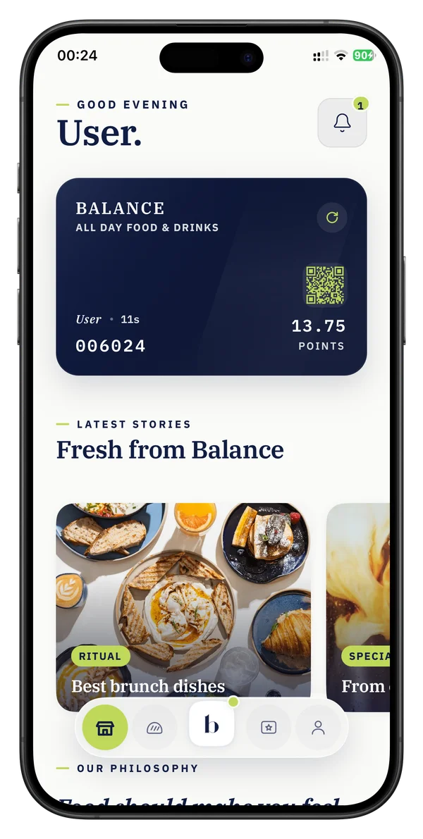 Stvarna Balance Brunch & Bakery aplikacija s loyalty bodovima i sadržajem za goste